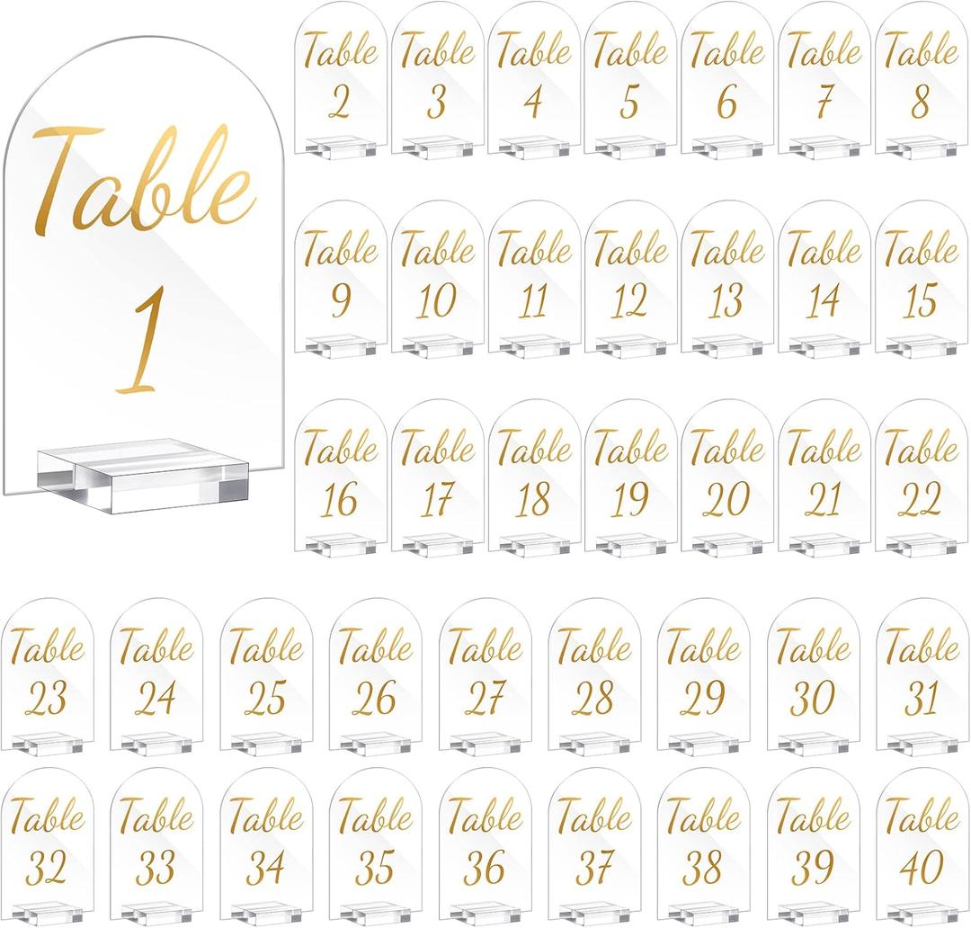 40 Pack 4 x 6 Inch Gold Acrylic Wedding Table Number 1-40 Clear Table Stand with Numbers Calligraphy Number Holders Signs for Wedding Reception Birthday Party Decorations