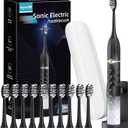 Sonic Electric Toothbrush Set, Equipped with 10 Brush Heads and Travel Case, IPX8 Waterproof, 2-Minute Timer, 42000 High-Frequency Vibrations, 5 Modes, The First Choice for Gift Giving, Black White
