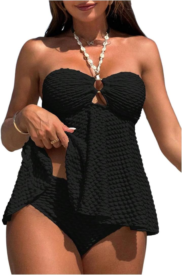 Milumia Women's Tankini Sets Two Piece Halter Cut Out Bathing Suits Tummy Control Swimsuit Flowy Swimwear Black Large