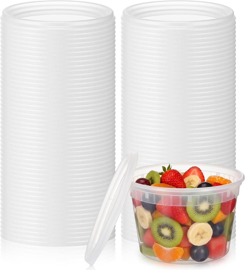 100 Pack Deli Container Lids Clear Plastic Reusable Lids for 8, 16, 32oz Deli Container Soup, Freezer, Microwave, Dishwasher Safe, Not Include Cups