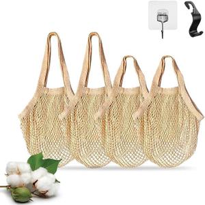 Premium Cotton Mesh Produce Bags, Natural, Reusable Washable Shopping Net, 2 Pack for Fruits, Vegetables, Grocery (Eco-Friendly Cotton Mesh Bags with Hooks, 4, Piece)