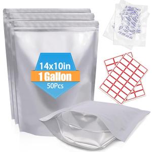 50PCS 1Gallon 10"X14" Mylar Bags for Food Storage with Oxygen Absorbers&Lables,10 Mil Thick Resealable Stand-Up Zipper&Heat Sealable Bags for Long Term Food Storage,Dried Food
