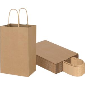 Toovip 25 Pack 5.25x3.25x8.25 Inch Small Plain Brown Kraft Paper Bags with Handles Bulk, Gift Bags for Favor Grocery Retail Party Birthday Shopping Business Goody Craft Merchandise Take Out Sacks