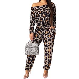 xxxiticat Women's Off Shoulder Camo Jumpsuit Long Sleeve Drawstring Waist Plaid Leopard Print Club Casual Rompers (S)