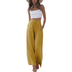 Faleave Women's Cotton Linen Summer Palazzo Pants Flowy Wide Leg Beach Trousers with Pockets (Yellow, S)