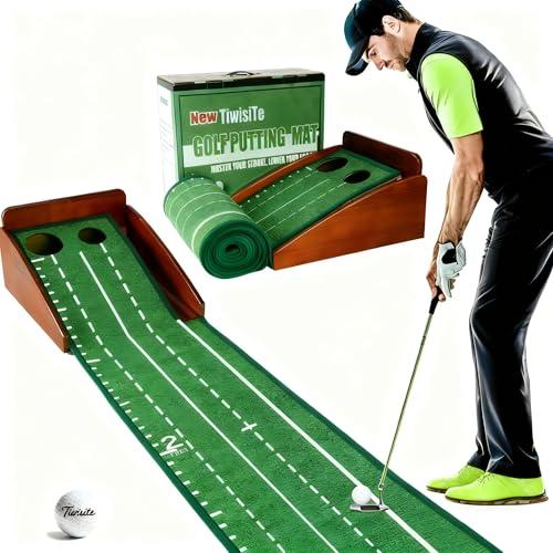 TiwisiTe Indoor Golf Putting Green, Putting Mat with Automatic Ball Return - Solid Wood Structure No Humping, Suitable for Home, Office and Outdoor Play - Ideal Golf Gift for Men and Women