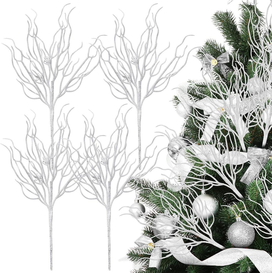 Vercraft 8 Pcs White Coastal Christmas Decorations Artificial 15.7inch Artificial Flowers Glitter Coastal Ornaments for Christmas Tree Ocean Beach Coral Nautical Treebranch Stem Pick Filler for Vase