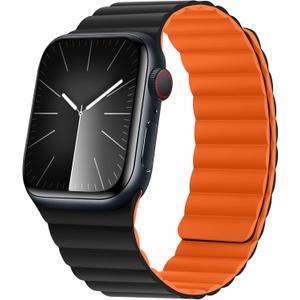 HITZEE Compatible with Apple Watch Band 49/46/45/44/42/41/40/38mm, Soft Silicone Magnetic Bands Strap Compatible for iWatch Ultra 2 Series 10 9 8 7 SE 6 5 4 3 (38/40/41/42mm, Black/Orange)