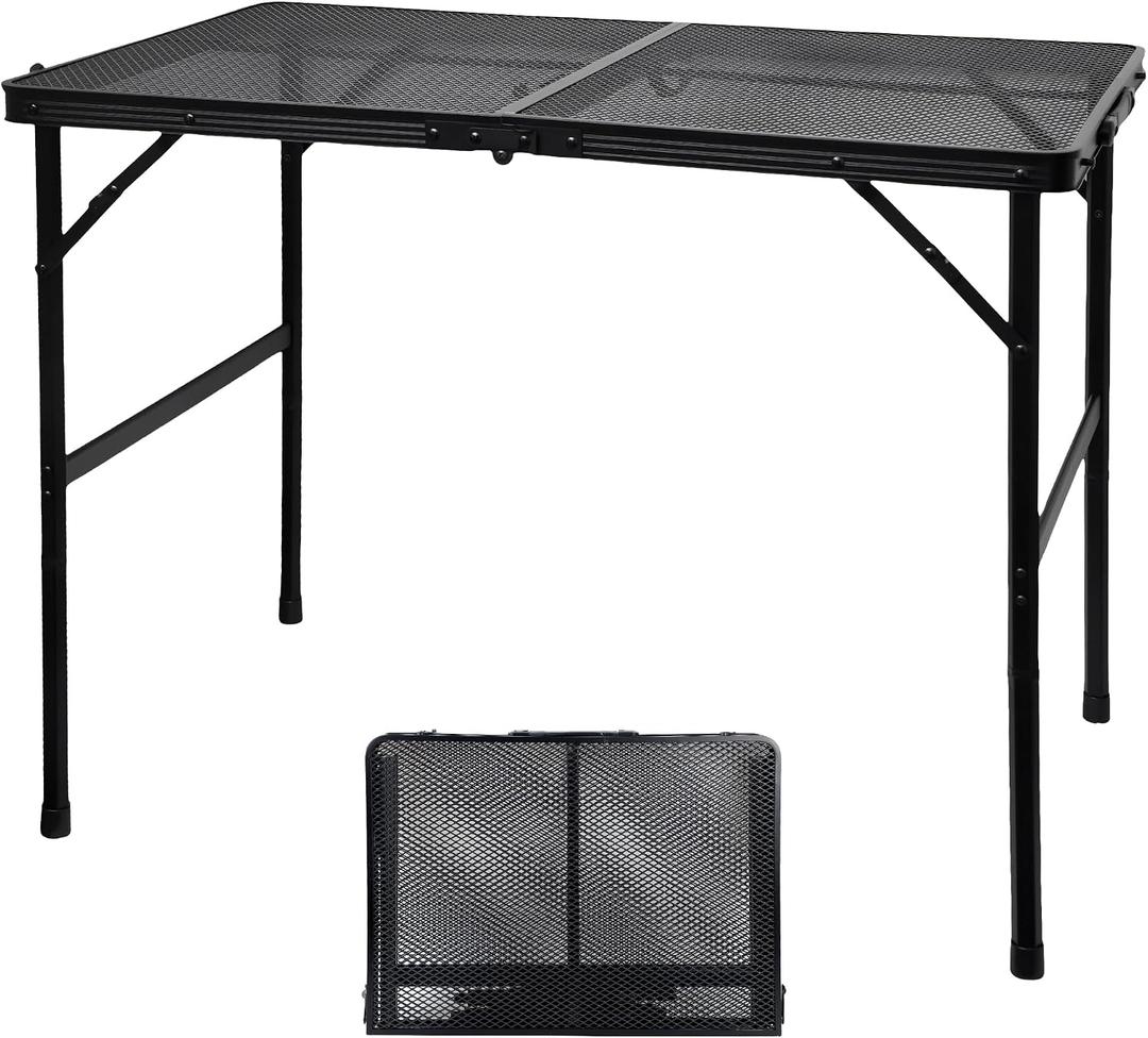 GREGIN Camping Table with Mesh Desktop, Lightweight & Portable Folding Grill Table, Height Adjustable Metal Outdoor Table for Camp, Cooking, BBQ, RV, Picnic-3 FT Black