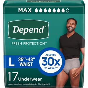 Depend Fresh Protection Adult Diapers, Incontinence Underwear for Men, Disposable, Maximum, Large, Grey, 17 Count, Packaging May Vary
