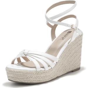 IDIFU IN4 Wedge Sandals for Women Espadrilles Ankle Strap Platform Wedges Heels for Women Wedding Bridal Ladies Wedge Sandals Comfortable Summer Dressy Sexy Strappy Wedge Shoes (9, White Pu)