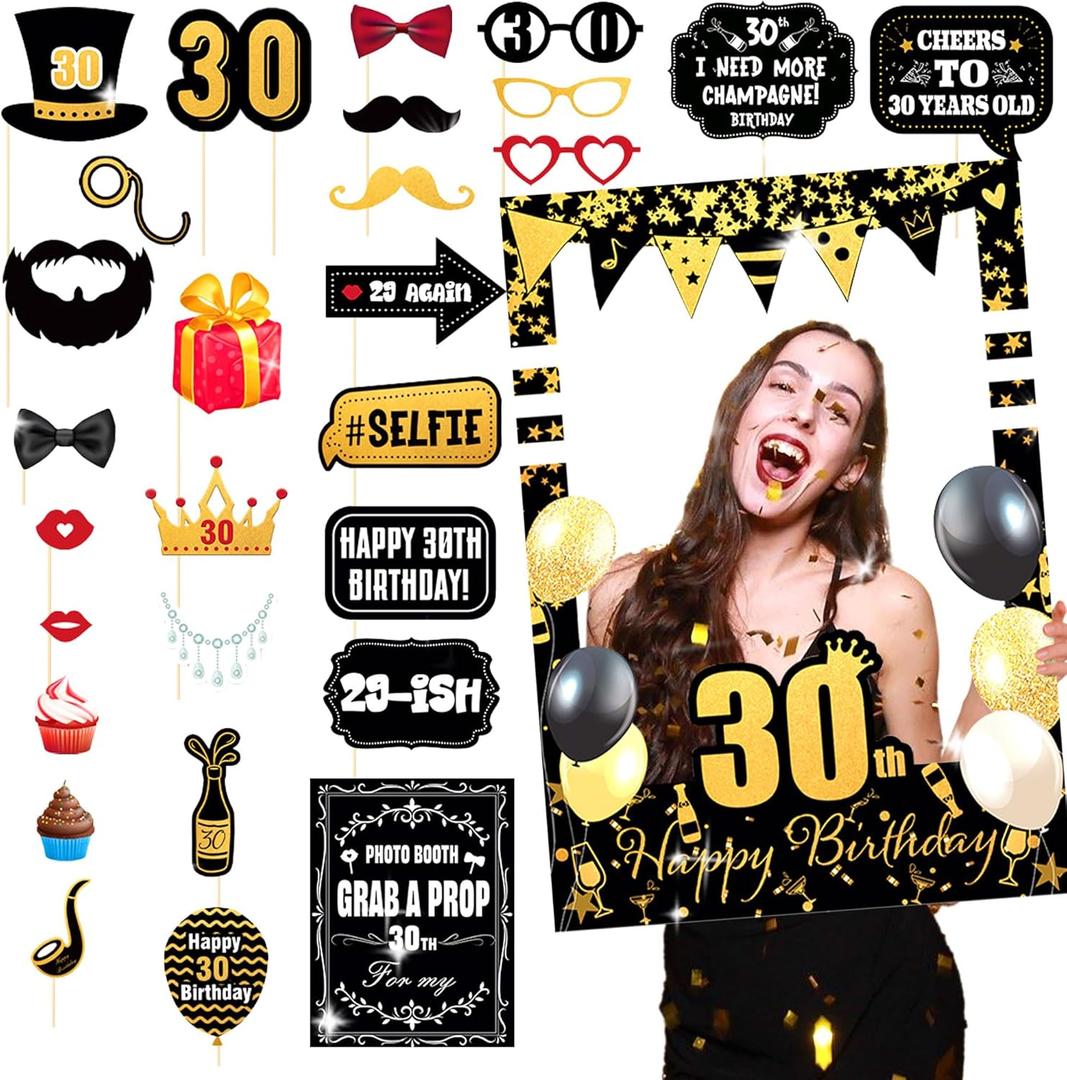 LaVenty Black Gold 30th Birthday Party Photo Booth Props 30th Birthday Photo Frame Dirty 30 Birthday Photo Frame