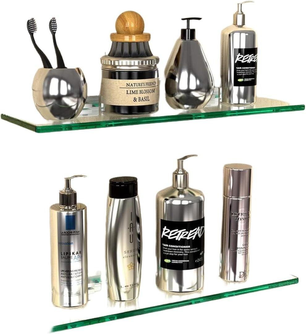 GeekDigg 2 Set Glass Shelves for Wall - No Drilling Shower Caddy with Aluminum Bracket - Bathroom Storage Organizer