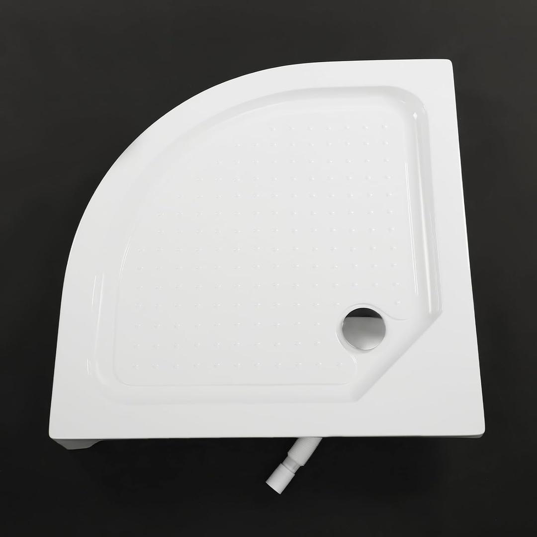 Conner Shower Base, 33"L x 33"W x 5"H, Conner Drain Single Threshold Shower Pan for Embedded/Surface Installation, Anti-slip Texture, Fan Shape (White)