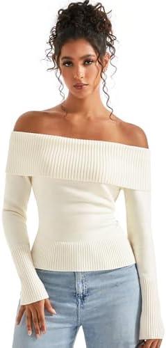 SUUKSESS Women Off Shoulder Sweaters Long Sleeve Ribbed Knit Going Out Fall Tops Blouse Size M