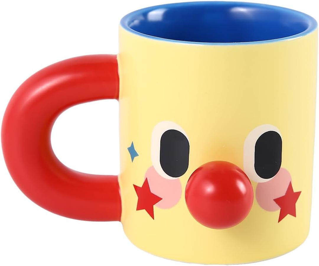 Clown Ceramic Mug, 10 oz Yellow Funny Face Coffee Cup with Blue Interior & Red Handle