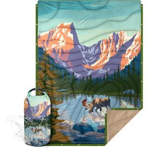 Outdoor Camping Blanket with Sherpa Lining, Extra Warm Thick Camp Blankets and Puffy Ultralight Soft Poncho DWR Camping Quilt for Cold Weather, Adventure, Sleeping, Backpacking 78"x 56" (Purple Deer Language)