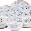 Floral Dinnerware Set for 4, 12-Piece Porcelain Plates and Bowls, Gold Rim