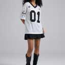 Women's Number Print Mesh Oversized Jersey Shirts Striped Trim Half Sleeve Baggy Camo Graphic Tees (S)