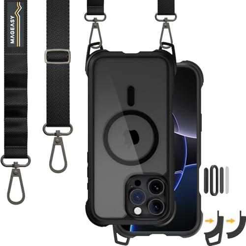 MAGEASY Designed for iPhone 16 Pro Max Case with Strap - [Camera Control Button Coverage] 20ft Ultimate Drop Protection Compatible with MagSafe, Vegan Leather Frame | Odyssey Strap M