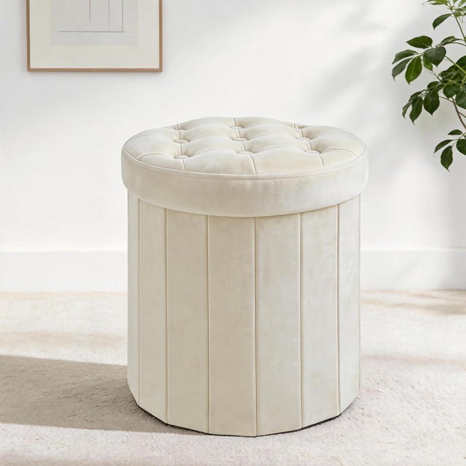 CAROLMADE Round Storage Ottoman, Velvet Vanity Stool | Folding Footrest Stool, Thicker Foam Padded Seat, Idel for Living Room, Bedroom or Dorm, Beige, 15"D x 15"W x 17.8"H