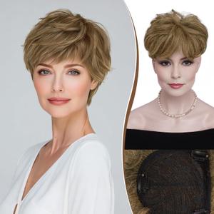 RUWISS Short Hair Toppers for Women Real Human Hair, 5x5.5 Base Pixie Cut with Bangs, Light brownBrown with 35% Blonde (H6269B)