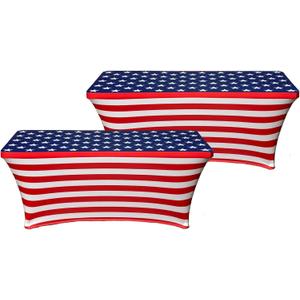 HandinHandCreations USA American Spandex 6FT Tablecloth 2 Pack - Washable, Fitted and Wrinkle Resistant Rectangular Table Cover for 4th of July, Memorial Day, America Party Celebration (Red White Blue)