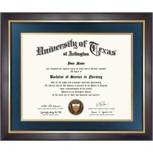 11x14 Wood Diploma Frame with Navy Mat or Display 14x17 Certificates without Mat,UV Protection Acrylic,Deep Brown Finish with Gold Trim