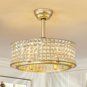 Crystal Caged Ceiling Fans Lights: 20" Gold Low Profile Fandelier Ceiling Fan with Remote/6 Speed/Timer Modern Semi Flush Mount Chandelier Ventilador de Techo for Bedroom Living Room Kitchen, E12 Base