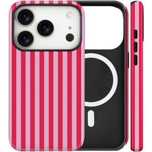 Magnetic for iPhone 17 Pro Max Case Cute Stripes Phone Case, Shockproof Slim TPU and Hard PC Protective Phone Cover Compatible with MagSafe Designed for Women Girls, Red and Pink