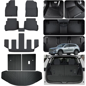 Floor Mats & Trunk Mat & Backrest Mat(Only Fit Sport Version) for 2016-2022 2023 Mazda CX9 CX-9 6 Seats(Non 7 Seats),TPE All Weather Protection Car Floor Liners & Cargo Liners