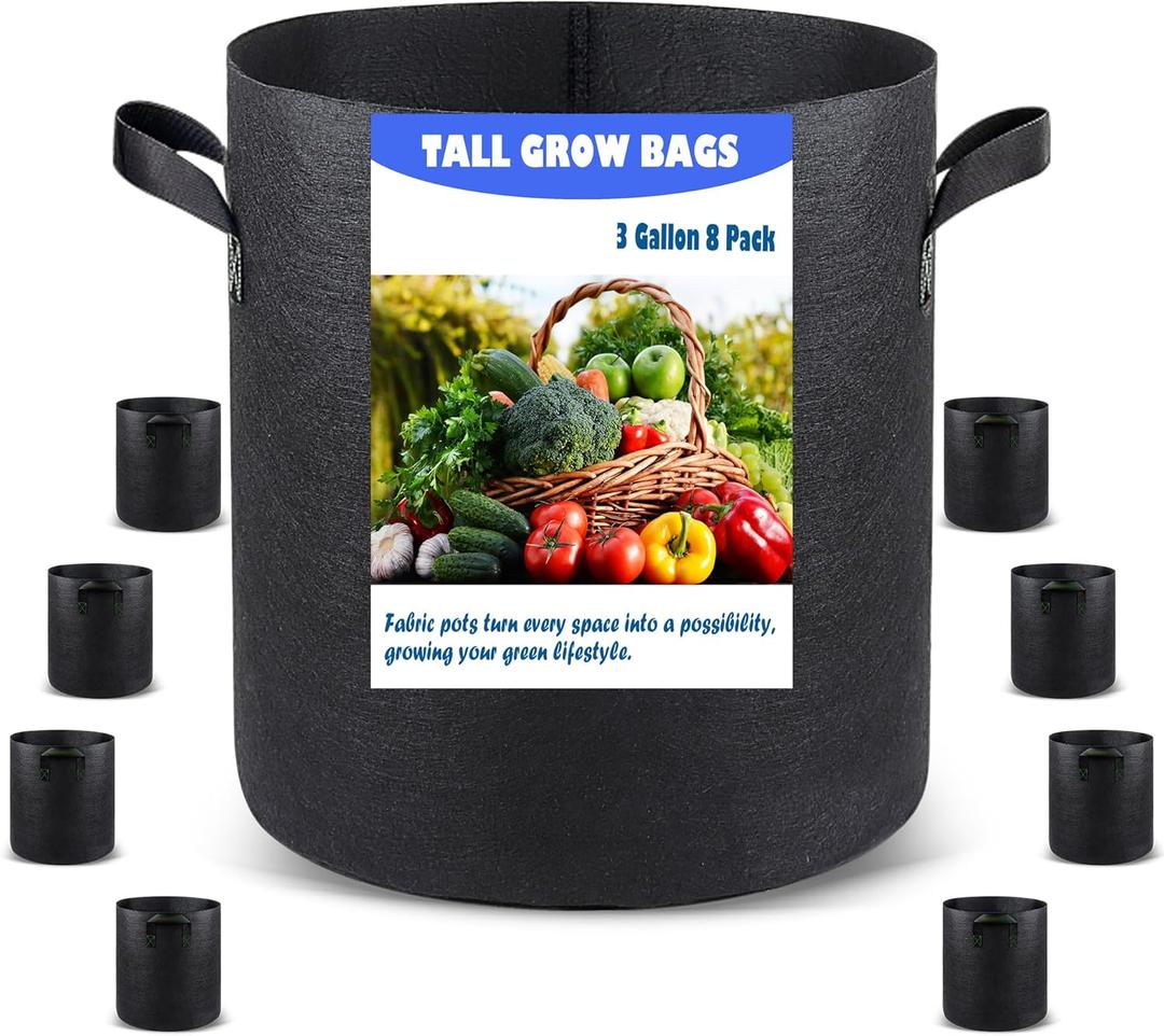 3 US Gallon 8 Pack Tall Grow Bags for Vegetables, Heavy Duty Nonwoven Aeration Fabric Deep Grow Pots with Handles (Black)