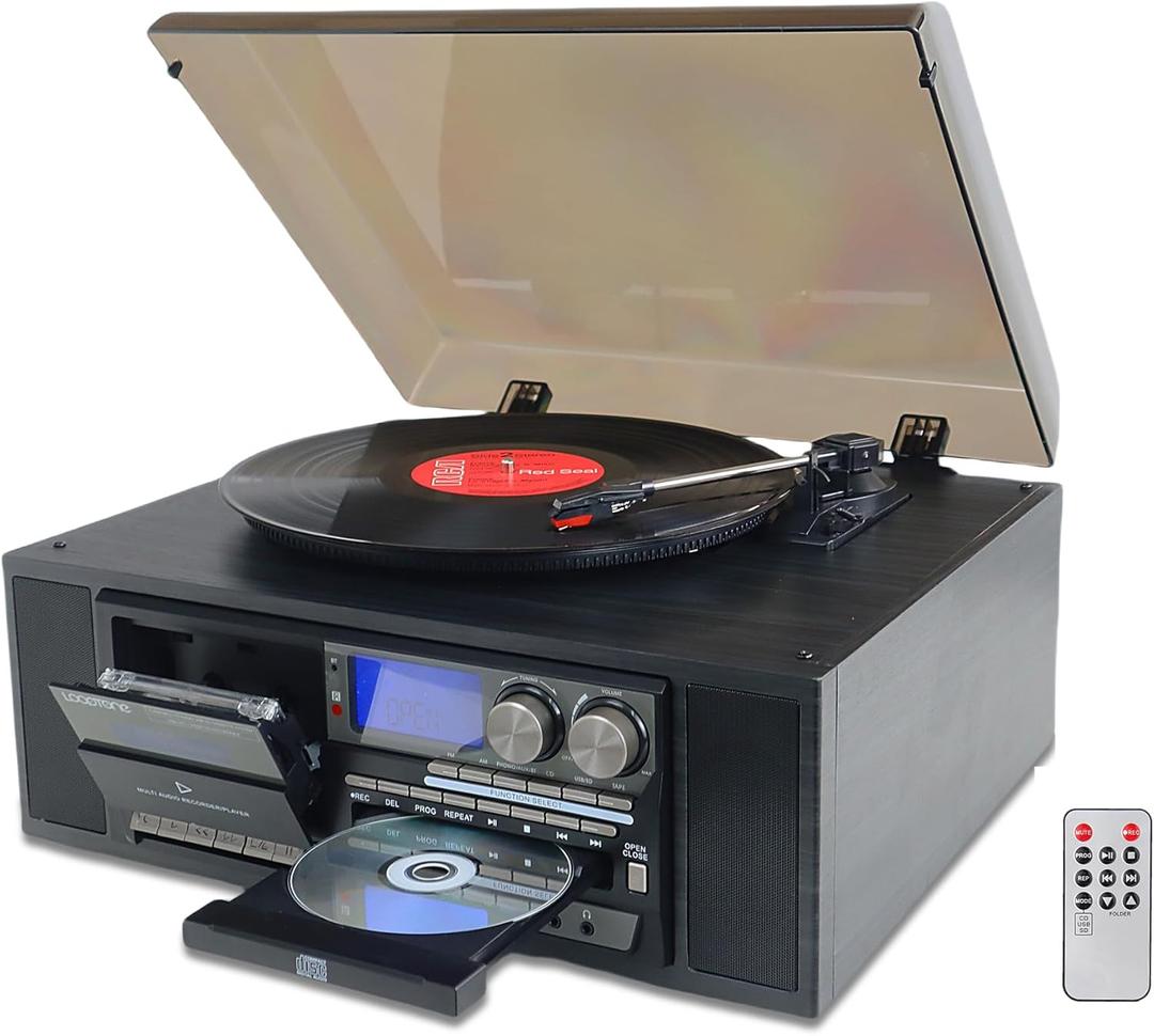 10 in 1 Vinyl Record Player 3 Speed Bluetooth Vintage Automatic Turntable CD Cassette Player AM/FM Radio USB Recorder Aux-in RCA Line-Out (Black)