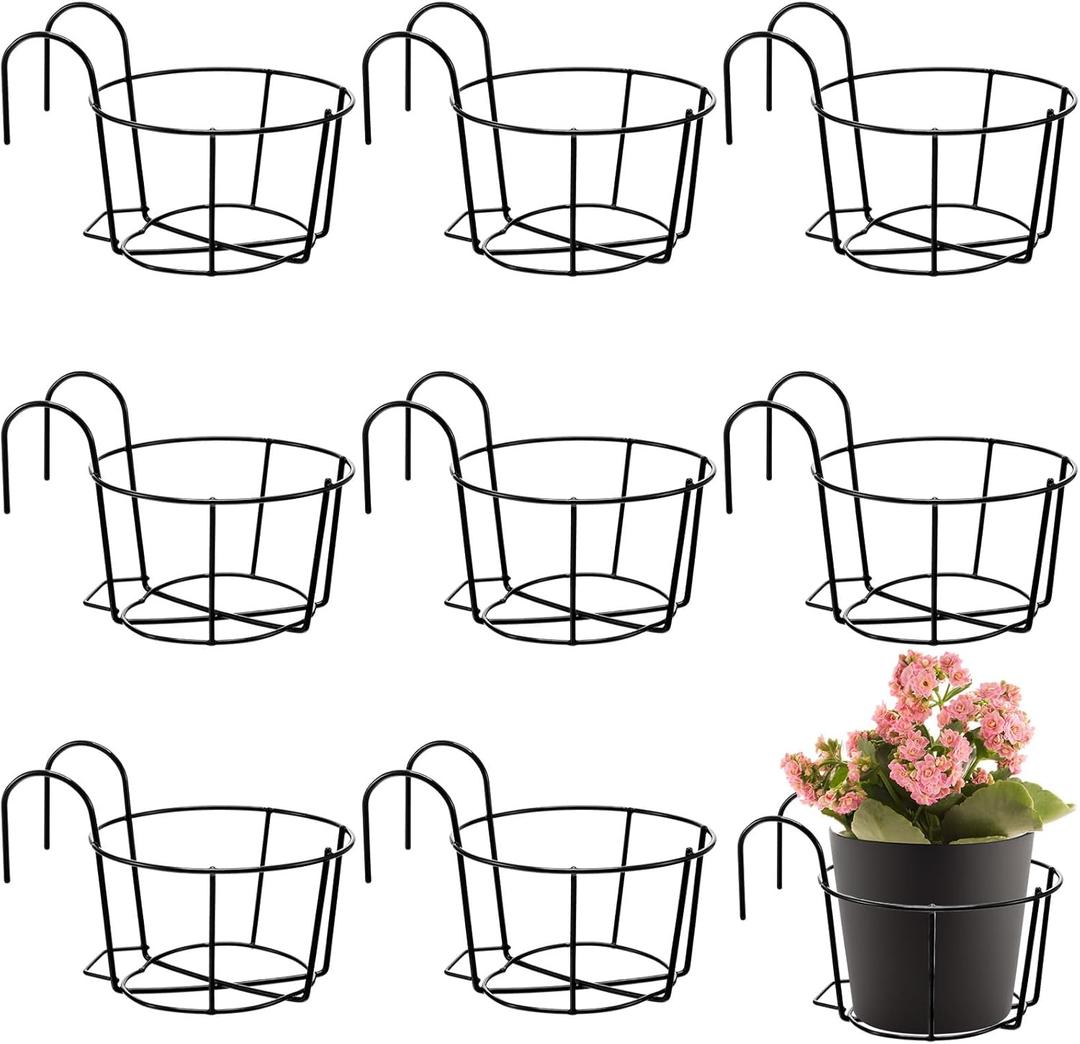 Wesiti 10 Pcs Round Hanging Railing Planters Outdoor Balcony Planters Metal Hanging Baskets Flower Pot Holder for Fence Indoor Porch Shelf Container(5.3 Inch,Black)