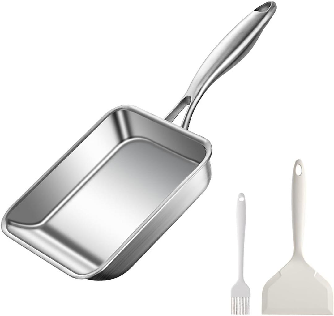 7.5" Japanese Omelette Egg Pan, 316 Stainless Steel Egg Pan, Square Frying Pans for Making Omelets and Bacon, Easy to Clean,Silver