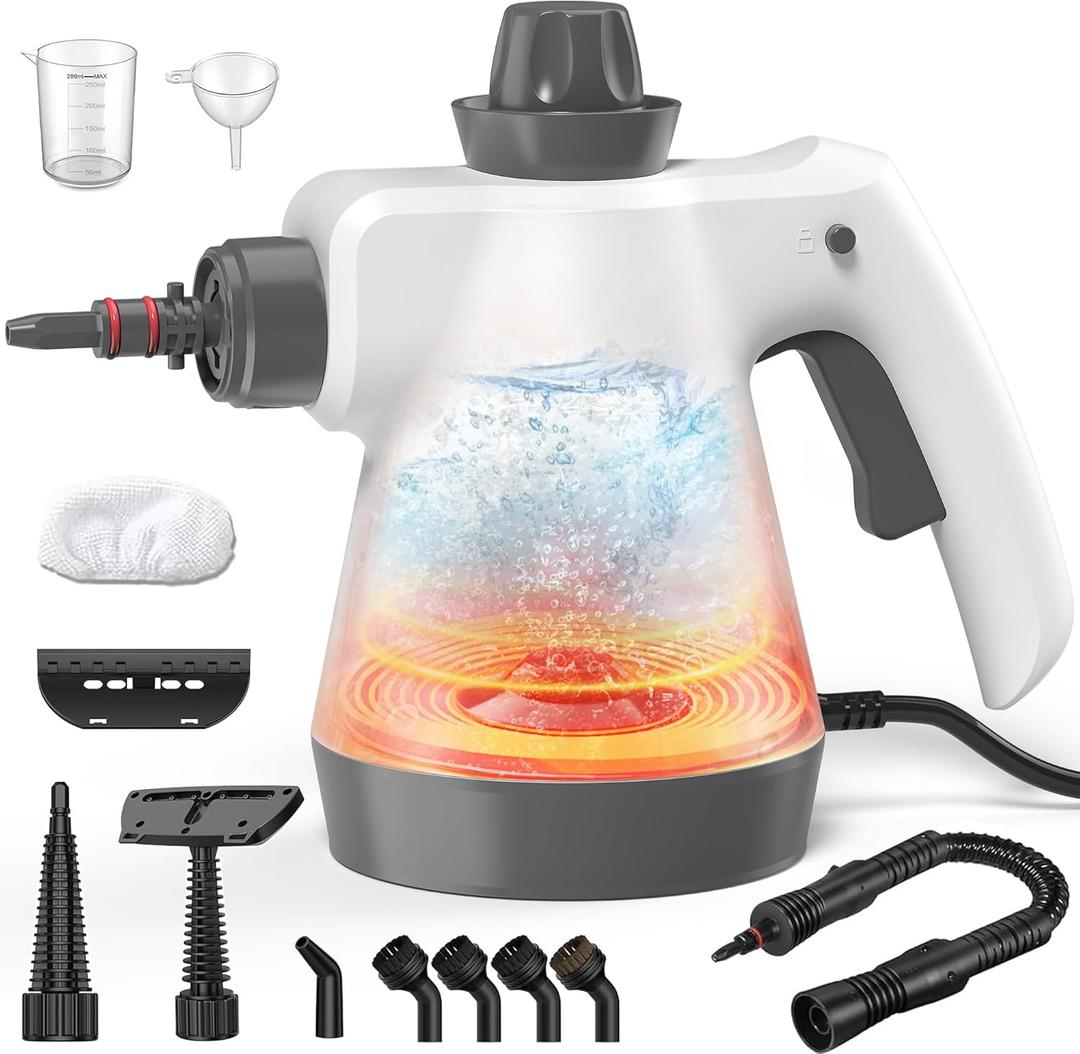 Steam Cleaner, Pressurized Handheld Steam Cleaner for Home with 12pcs Accessories & Safety Lock, Multi-Surface Powerful Natural Steamer for Deep Cleaning Grout, Kitchen, Bathroom, Car, Windows, White