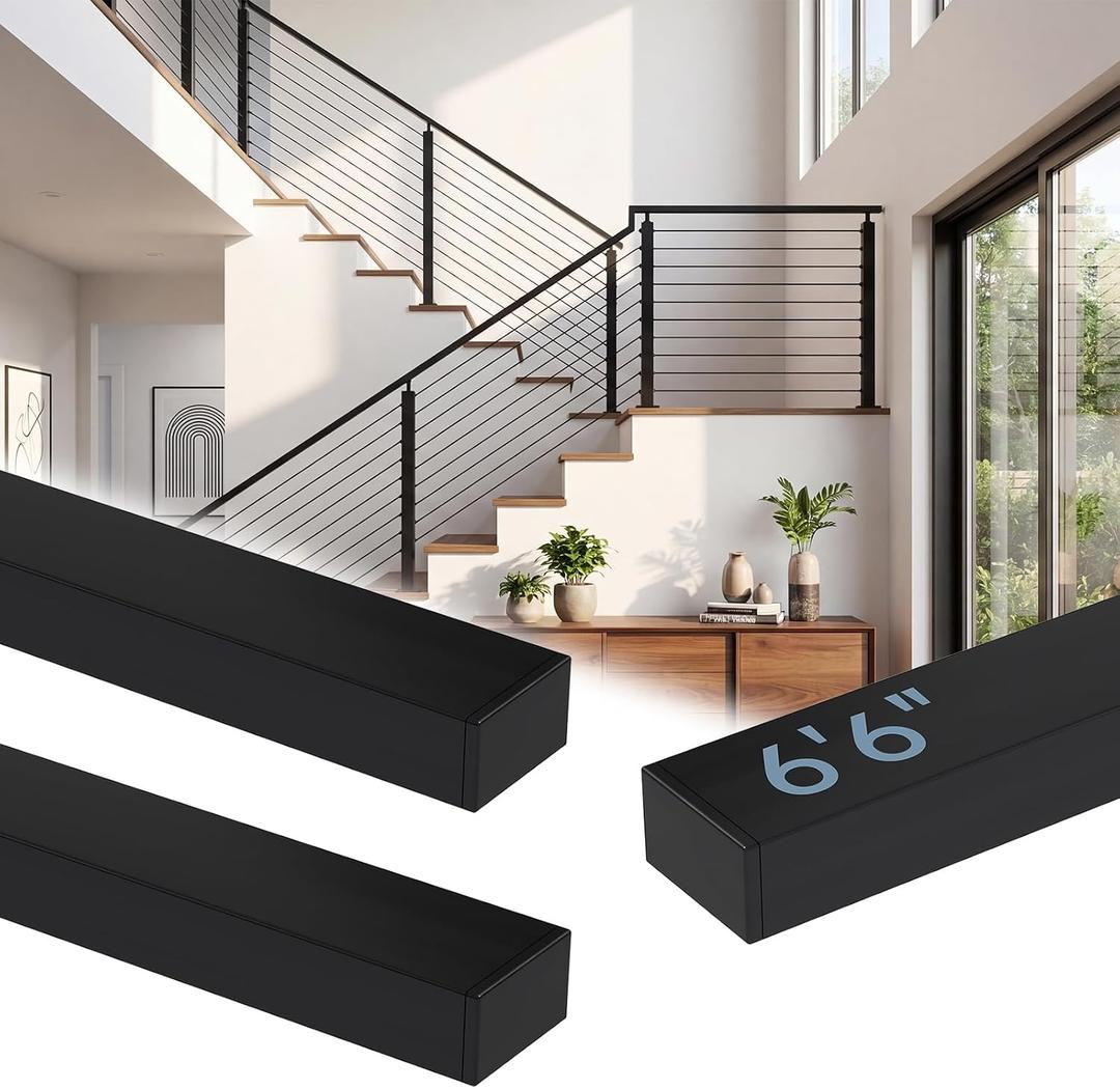 3Pack 6'6" Stainless Steel T304 Black Handrail, 2" W x 1" H Rectangular Cuttable Handrail with End Cap Screw, Flat Top Rail for Indoor Outdoor Deck Stair Cable Railing System Post Kit