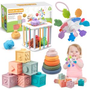 4-in-1 Baby Toys for 6-12 Months, Montessori Soft Stacking Blocks for Babies, Infants Teething Toys, Sensory Balls and Educational Learning Set for Toddlers (Boys & Girls)