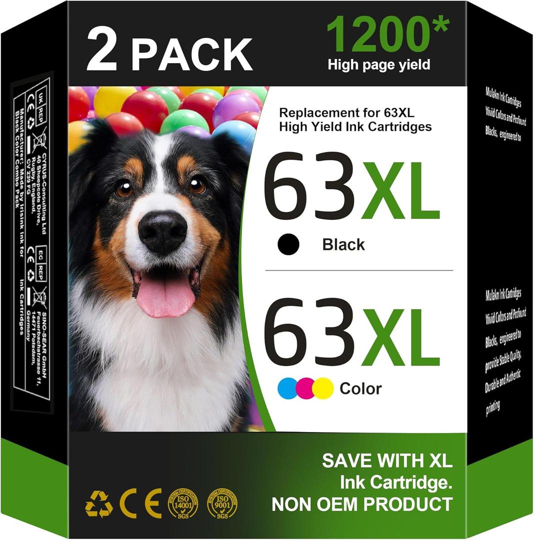 63XL Ink Cartridges Black and Color (2-Pack) Replacement for HP Ink 63 63XL Combo Pack Works for HP OfficeJet 3830 4650 4655 5200 5222 5255, DeskJet 1112 2130 3630, Envy 4510 4520 Series | L0R46AN
