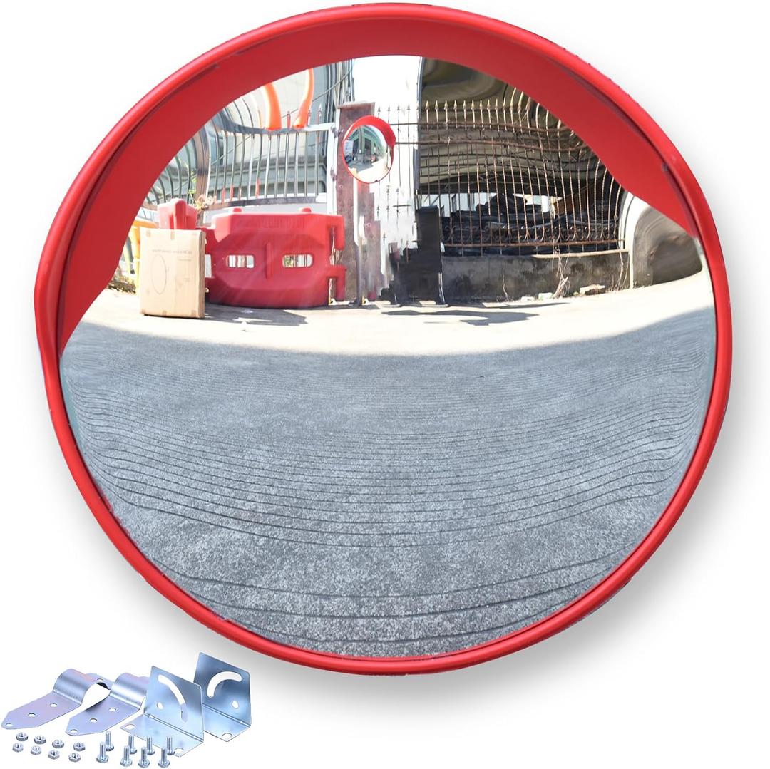24" Curved Security Mirror with Brackets Install on Pole, Corner Security Blind Spot Mirror with Adjustable Wide Angle View for Garage,Warehouse,Parking Outdoor Use (Red)