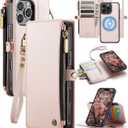 for iPhone 16 Pro Max Wallet Case Magnetic [Compatible with Magsafe] [RFID Blocking Card Holder] [Zipper] [Strap] Detachable Drop-Proof Phone Cases for iPhone 16 Pro Max 6.9", Champagne Gold