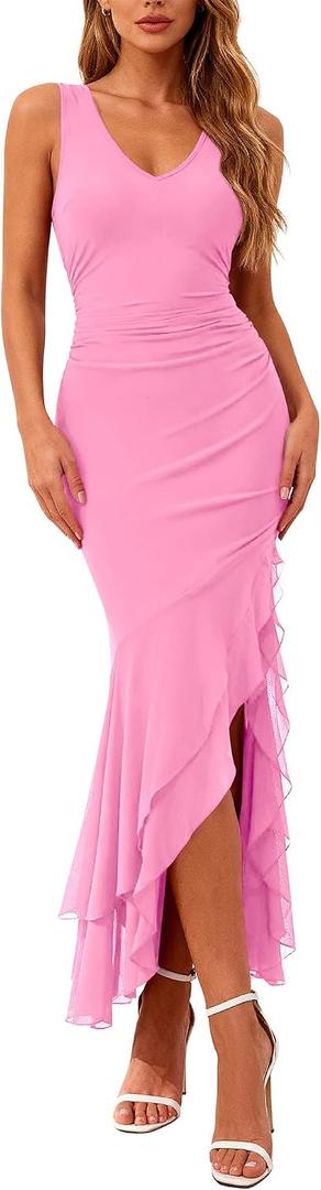 BTFBM Summer Dresses for Women 2026 Wedding Guest Dress Prom | Bodycon Ruched Sleeveless Maxi Dresses,V Neck, Solid, Cocktail Dresses,Homecoming,Party,Brides,Bridal Shower,Summer Clothes (Pink, XXL)