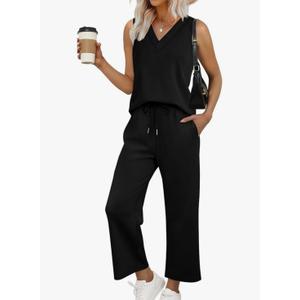 WIHOLL Two Piece Sets for Women Summer Outfits Matching Lounge Sets Wide Leg Crop Pants Vacation Travel