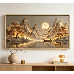 Framed 3D Texture Large Landscape Sunrises Sunset Canvas Wall Art Abstract Mountains Lake Tree Painting Picture Wall Decor Modern Nature Scenery Poster Print Artwork for Living Room Office, 40"L x 20"W