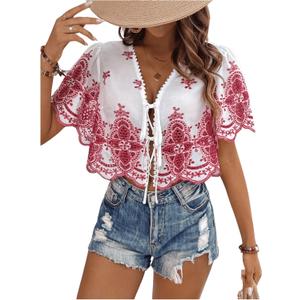 SOLY HUX Women's Hollow Tie Front Crop Tops Ruffle Short Sleeve V Neck Summer Blouse Shirts (Medium, Red and White)