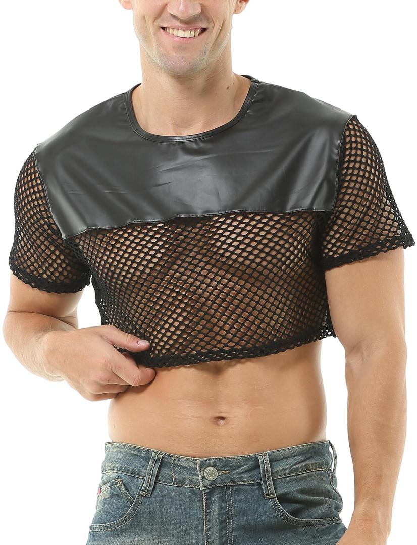 FEOYA Fishnet Top Men's Mesh Crop T Shirts Transparent Pu Tee Round Neck Long Short Sleeve Muscle Sexy Top Cluwear (Black, M)