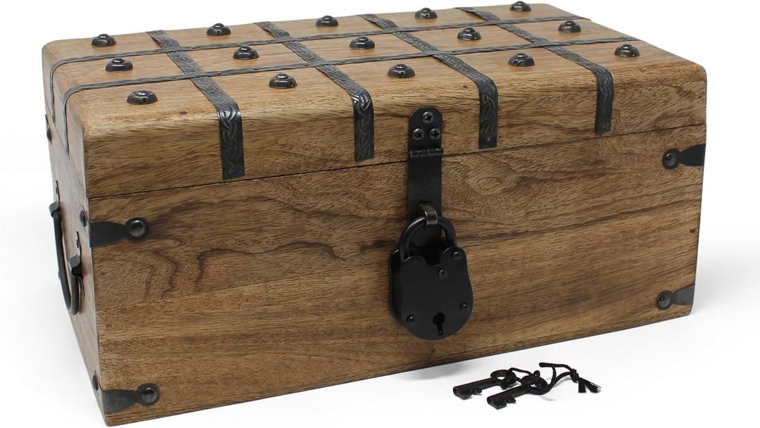 Nautical Cove Treasure Chest Wooden Box with Antique Iron Lock and Skeleton Key (Large 14.5x8x6.75) - Storage and Decor  Pirate Wooden Treasure Chest, Decorative Box with Hinged Lid,