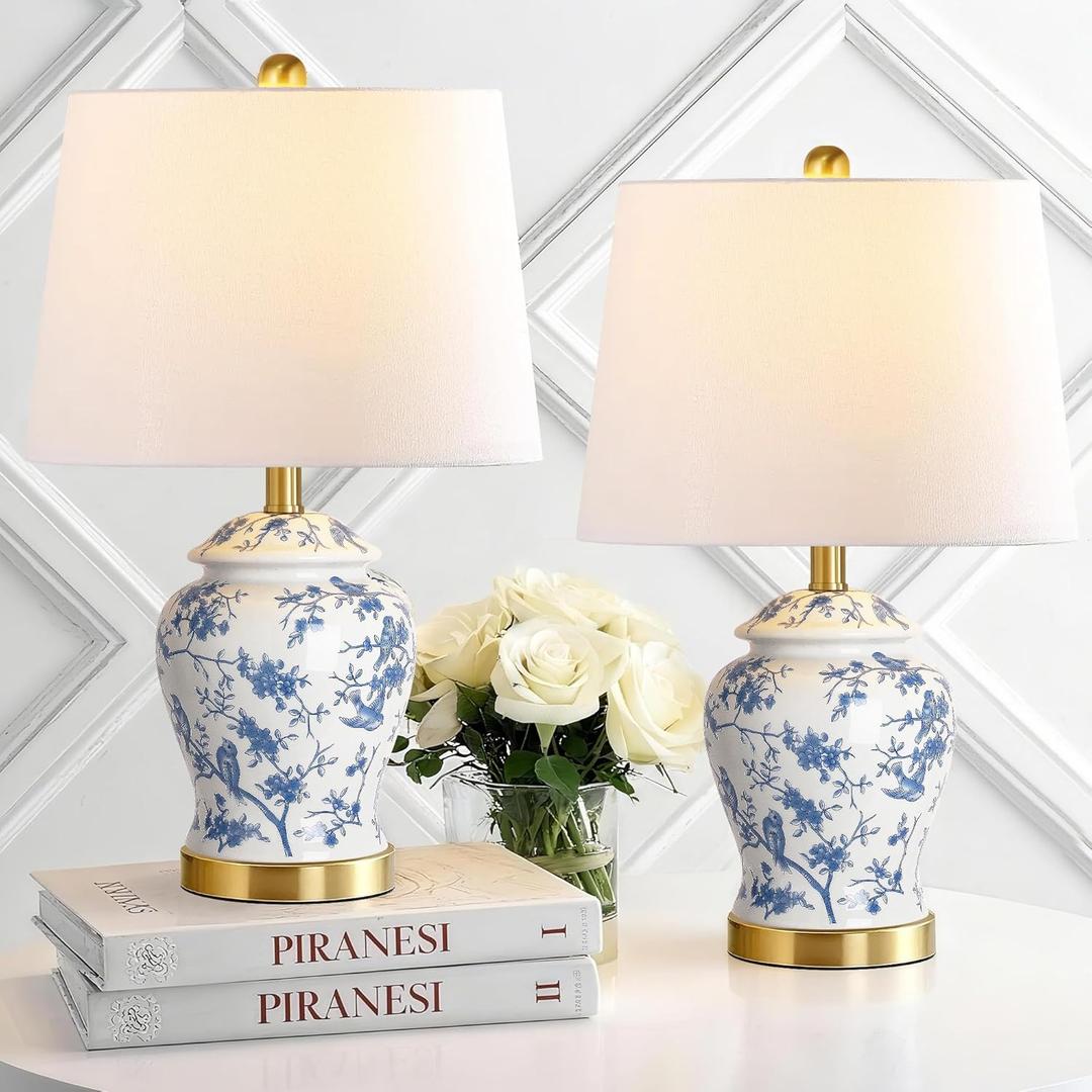 Chinoiserie Ceramic Table Lamps Set of 2 for Living Room, Vintage Traditional Bedside Lamps for Night Stands, 22" Large Blue and White Table Lamp for Bedroom Cottage, Gold(LED Bulbs Included)