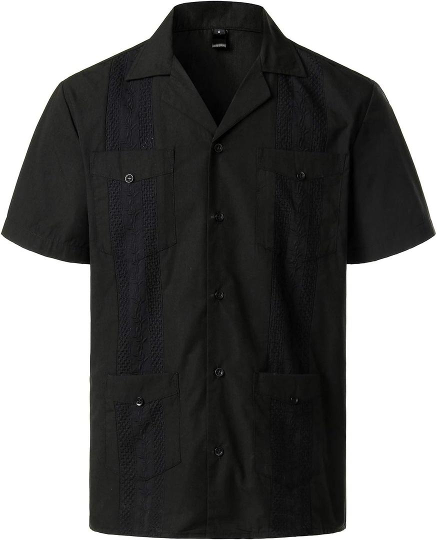 VATPAVE Mens Short Sleeve Button Down Cuban Guayabera Shirts (Black, XL)