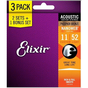 Elixir Strings Acoustic Guitar Phosphor Bronze Strings with NANOWEB Coating, 3 Pack & Strings - Acoustic Phosphor Bronze with NANOWEB Coating - Elixir Acoustic Guitar Strings